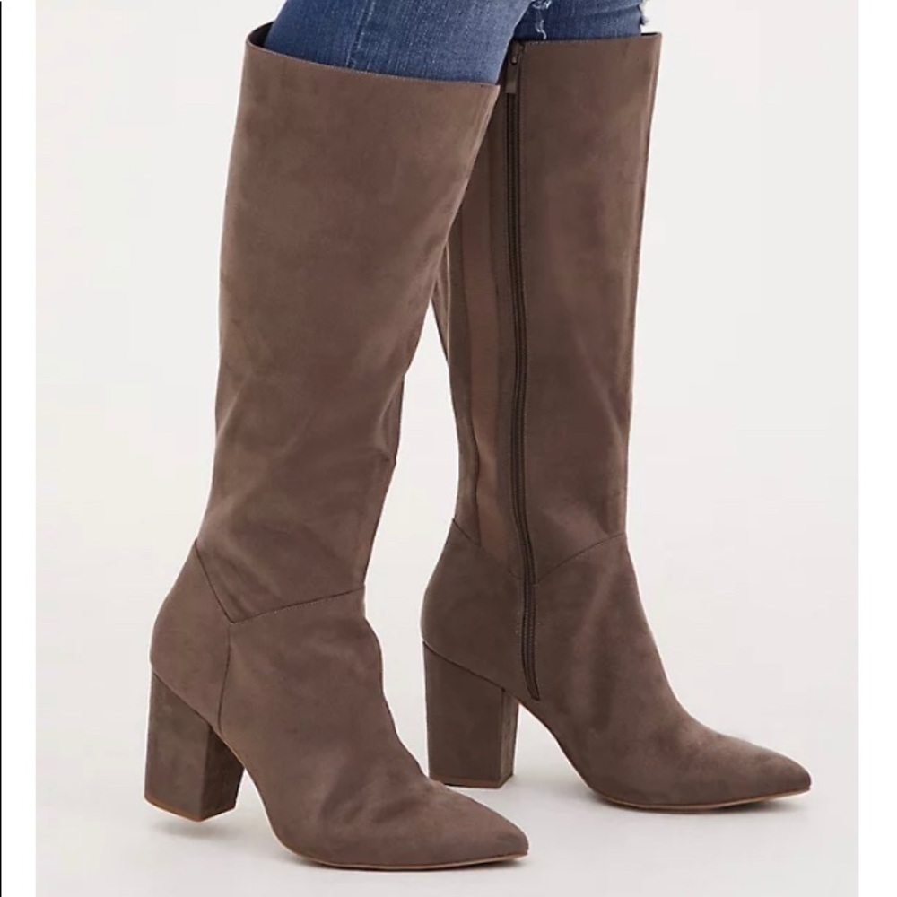 TAUPE FAUX SUEDE POINTED TOE KNEE-HIGH BOOT Torrid